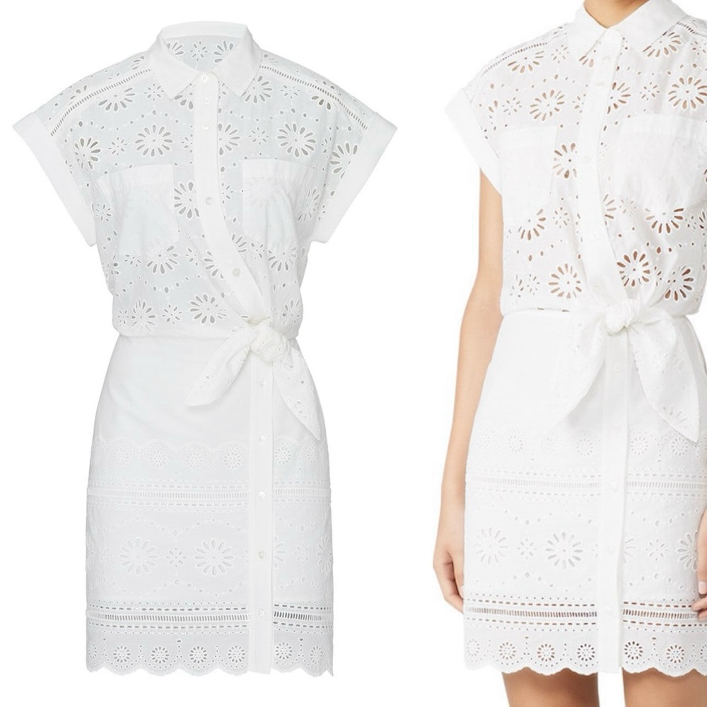 Veronica Beard Bettina White Eyelet Minidress Short Sleeve Button Dress Med / 6 - Picture 2 of 10